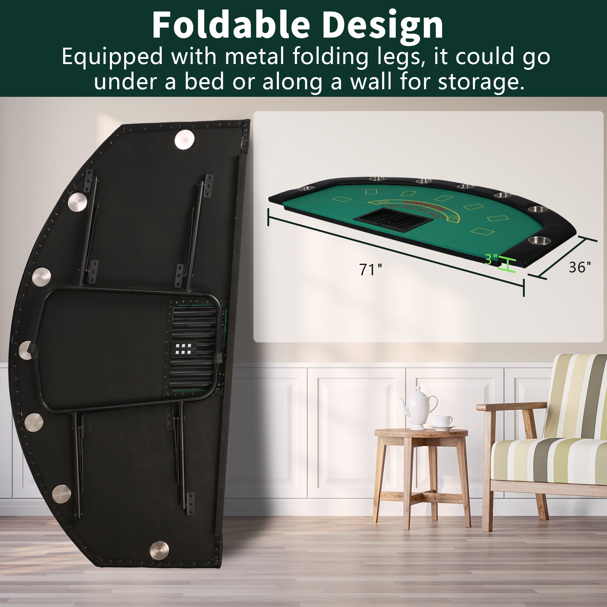 Karmas Product Folding Poker Table for 7 Player,71" Blackjack Table with Foldable Legs and Removable Metal Cup Holder,Green Felt