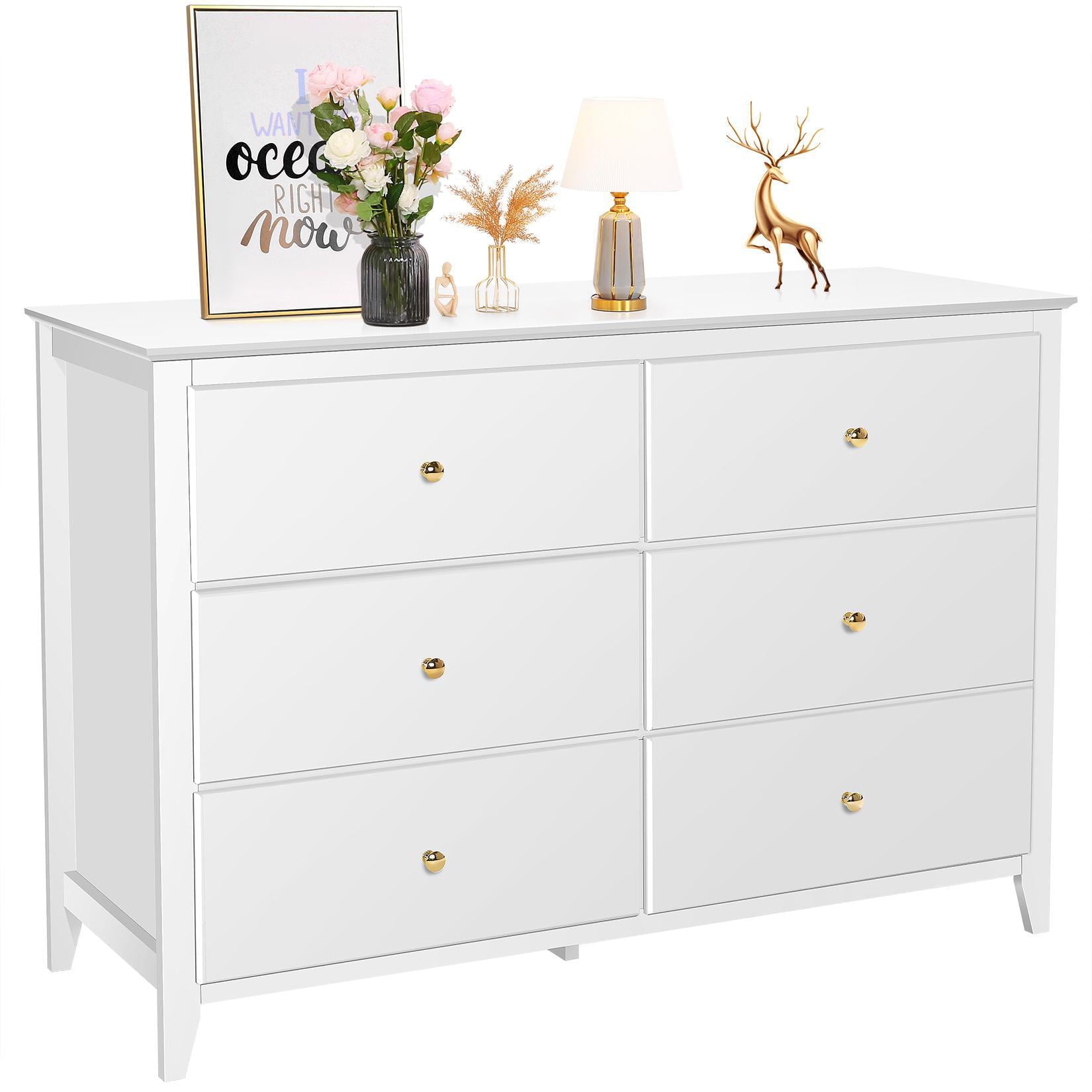 SEJOV 6 Drawers Dresser White Closets Chest Tall Nightstand Double Dresser with Gold Metal Handles Storage Containers Modern Wood Dresser for Bedroom Kids Room Living Room Nursery Hallway Office