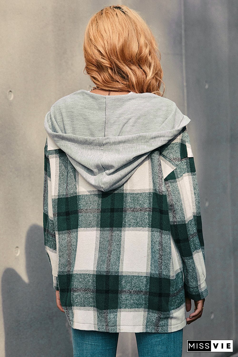 Plaid Button Front Hoodies Shacket Jacket Women Wholesale