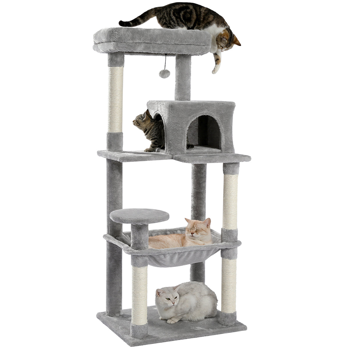 HDJ 56 Inch Cat Tree,Cat Tower with Sisal Scratching Post, Cozy Condo, Top Perch, Hammock and Dangling Ball,Gray