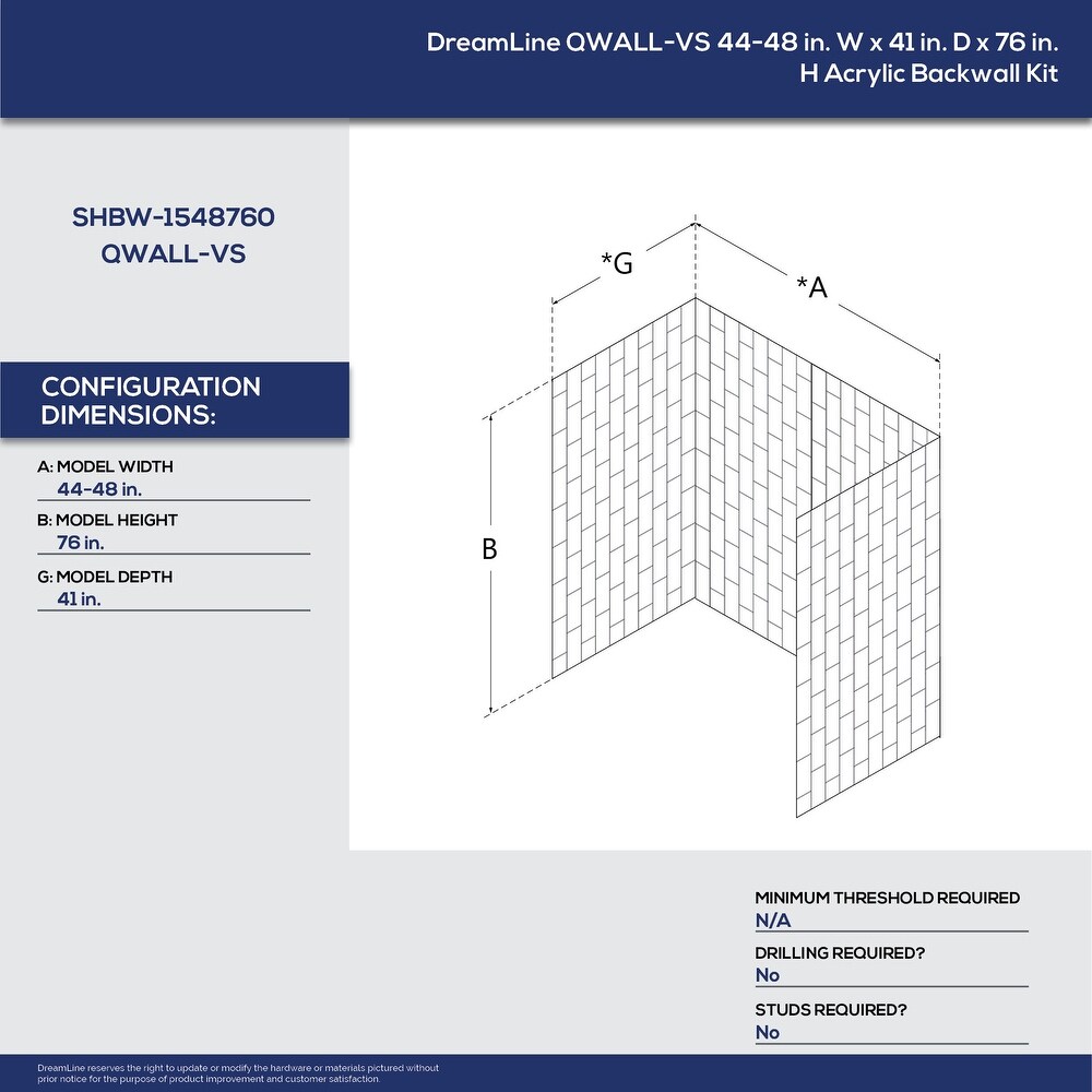 DreamLine QWALL VS 41 1/2 in. D x 44 48 in. W x 76 in. H Acrylic Backwall Kit