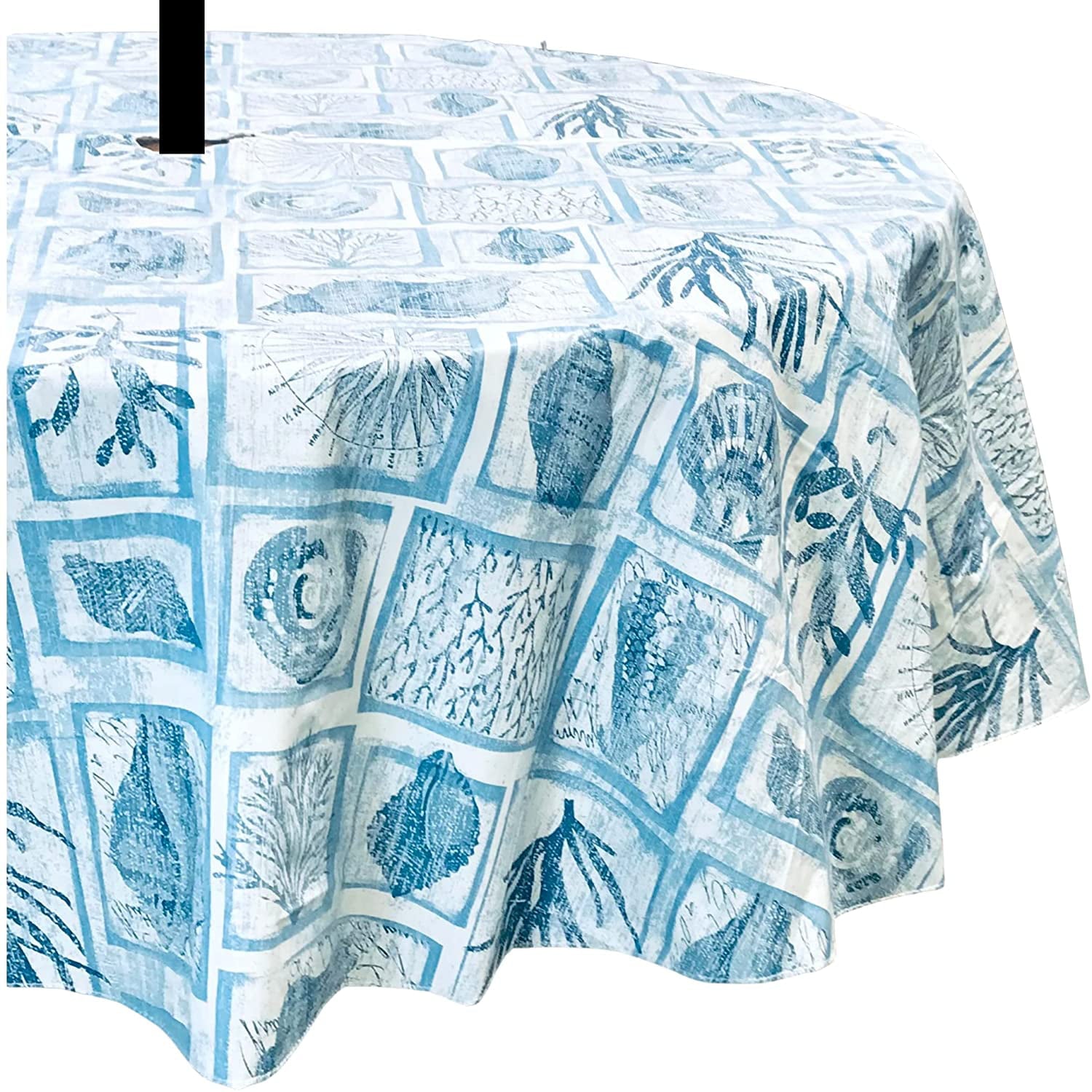 Elrene Summer Coastal Ocean Flannel Backed Vinyl Tablecloths: Patio Table Umbrella Hole with Zipper, Blue Shells Sea Life 70" Round