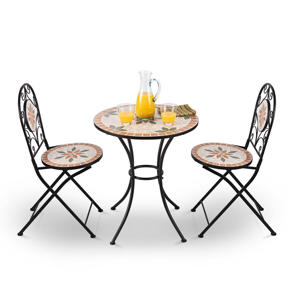 Alpine Corporation Indoor/Outdoor 3-Piece Mosaic Bistro Set Folding Table and Chairs Patio Seating, Tan JFH918A