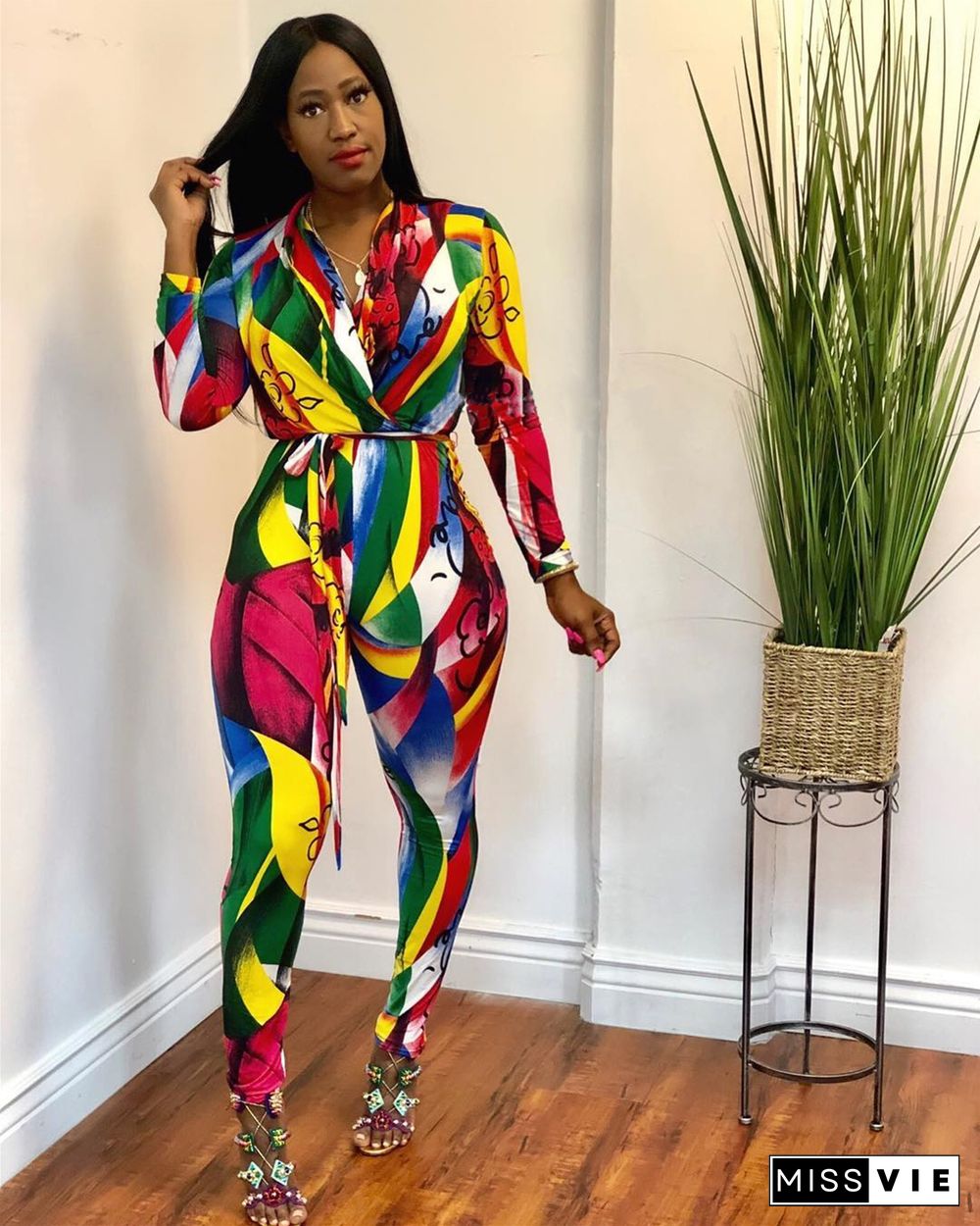 Women's Digital Printed Long Sleeve Jumpsuit With Belt