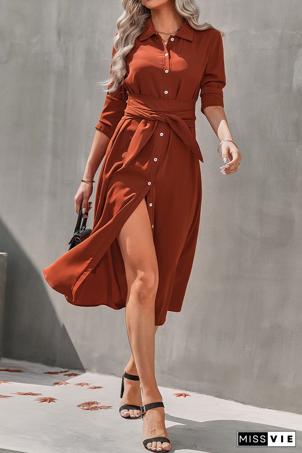 Open Button Waistbelt Shirt Midi Dress Wholesale