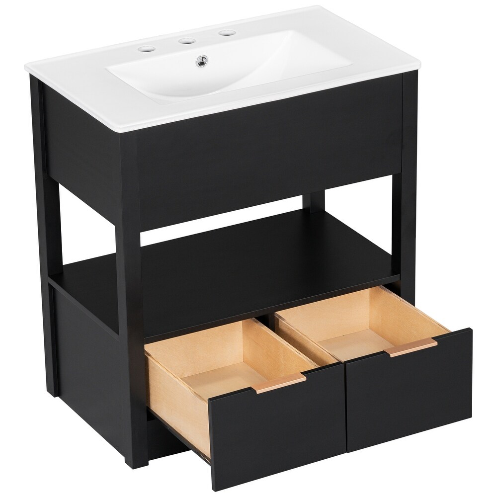 Multifunction Vanity with Ceramic Sink  Bathroom Sink Counter  Open Storage Shelf with 2 Drawers  Toilet Standing Cabinet