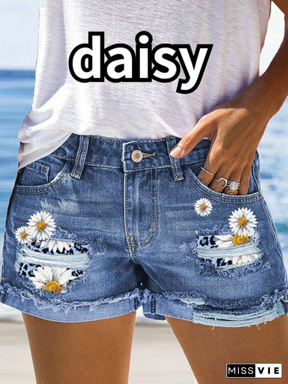 New Fashion Women Denim Shorts Print Patch Ripped Jeans Summer Casual Shorts for Women