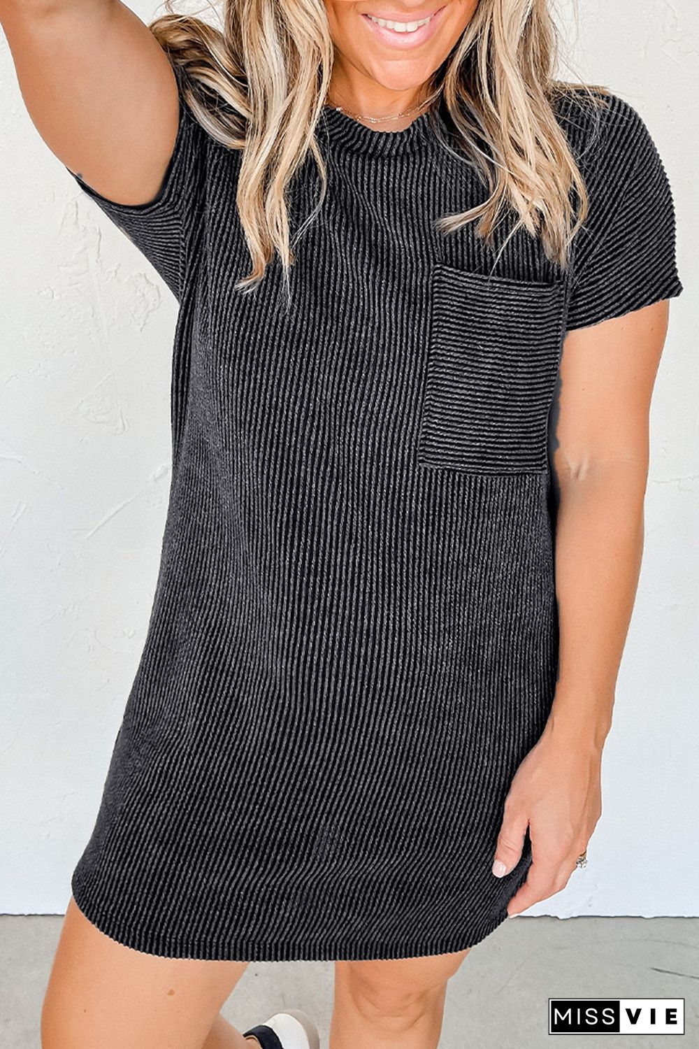 Gray Striped Ribbed Knit T-shirt Shift Dress