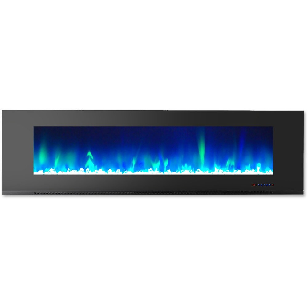 Hanover 72 In. Wall Mount Electric Fireplace in Black with Multi Color Flames and Crystal Rock Display