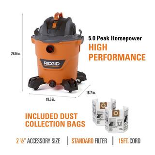 RIDGID 12 Gallon 5.0 Peak HP NXT WetDry Shop Vacuum with Filter Dust Collection Bags Locking Hose and Accessories HD1200F