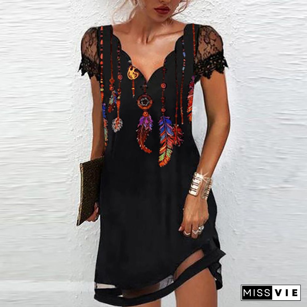 Elegant DressesFor Women V Neck Lace Sleeves Short Dress Women Spring Summer Sexy Ladies Short Sleeve Black Party Dress