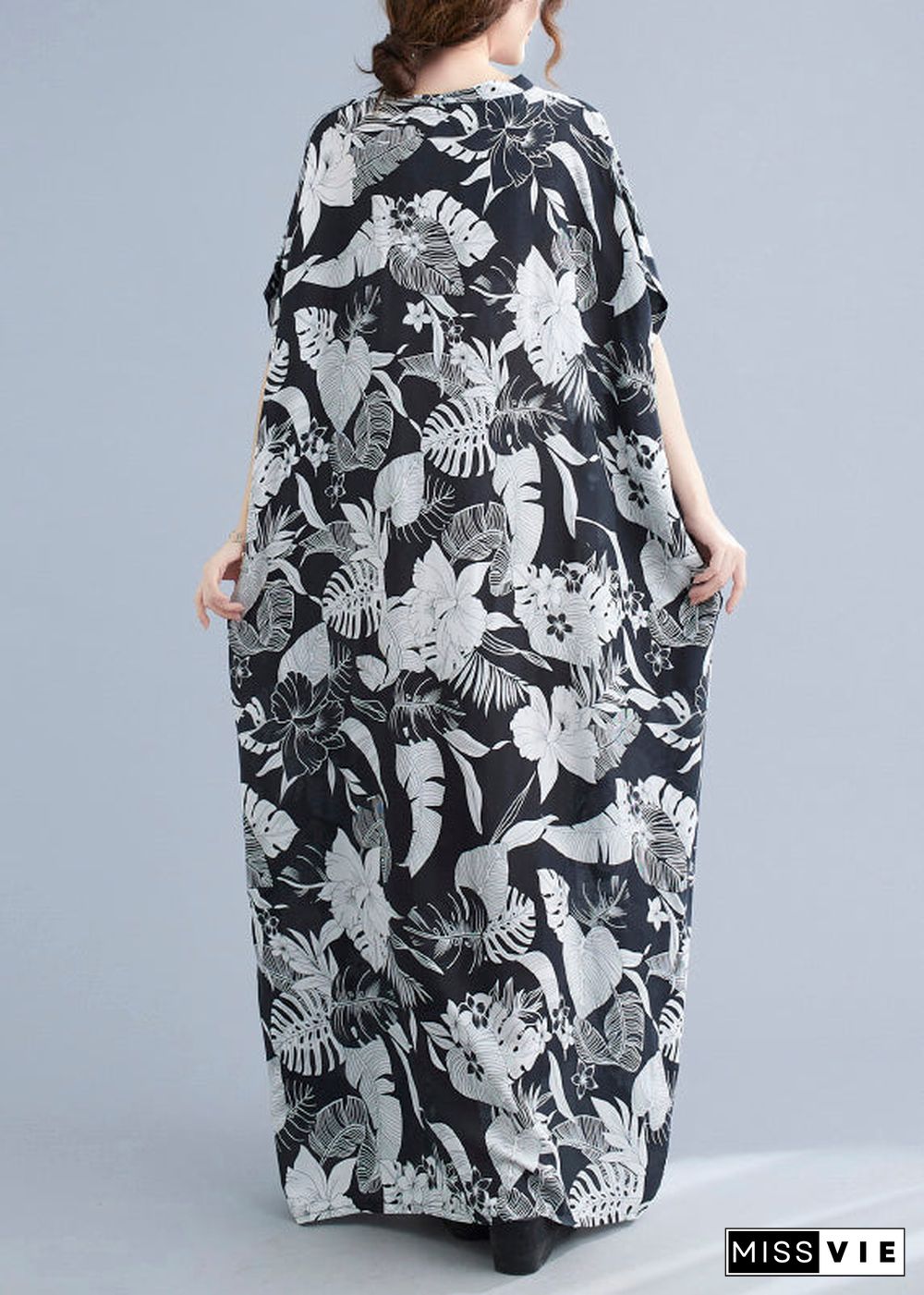 Natural Black V Neck Print Robe Dresses Short Sleeve