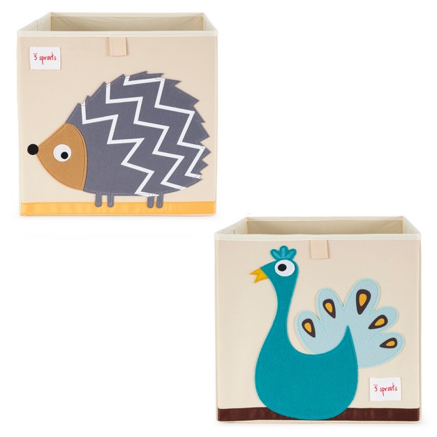 3 Sprouts Children x27 s Unisex Foldable Fabric Storage Box Soft Toy Bin Easy Storage For Essentials And Toys Tan With Hedgehog And Peacock Designs