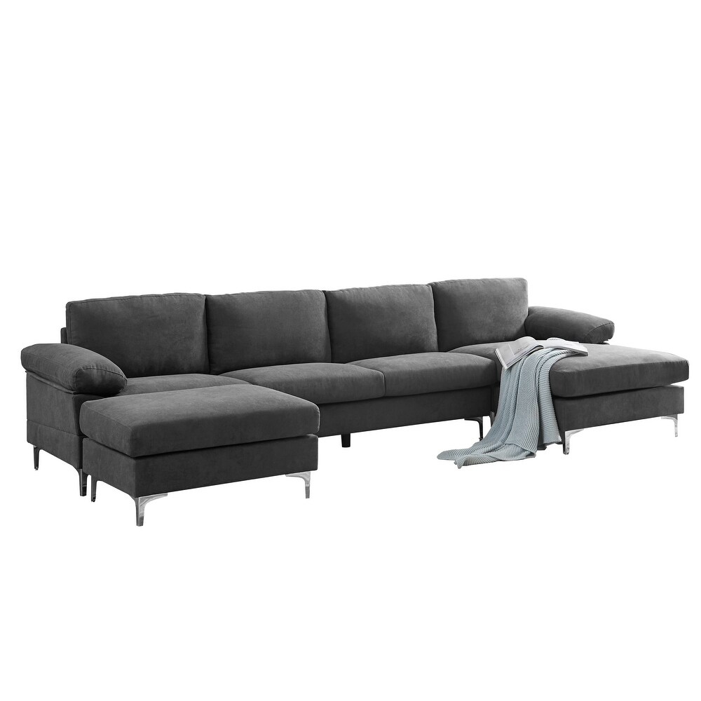 L shape Convertible Sectional Fabric Sofa  Dark Grey/Blue/Dark Grey