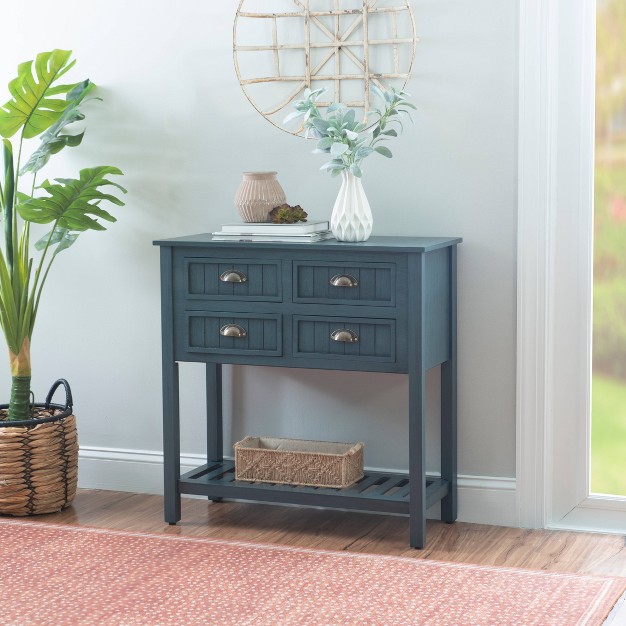 Lena Traditional 4 Drawer One Shelf Beadboard Console Table Antique Navy Linon