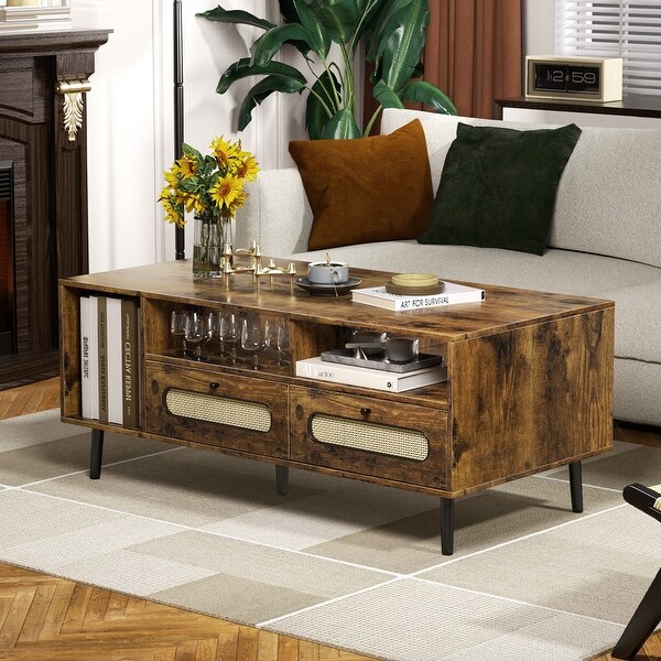 Mixoy Coffee Table，Mid Century Modern Coffee Table with 3 Open Shelves and 2 Storage Cabinets for Living Room