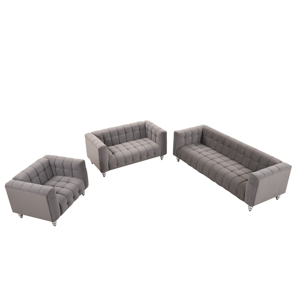 Grey Polyester Upholstered Sofa Set  Solid Wood Legs  3 Seater + Loveseat + Single Sofa