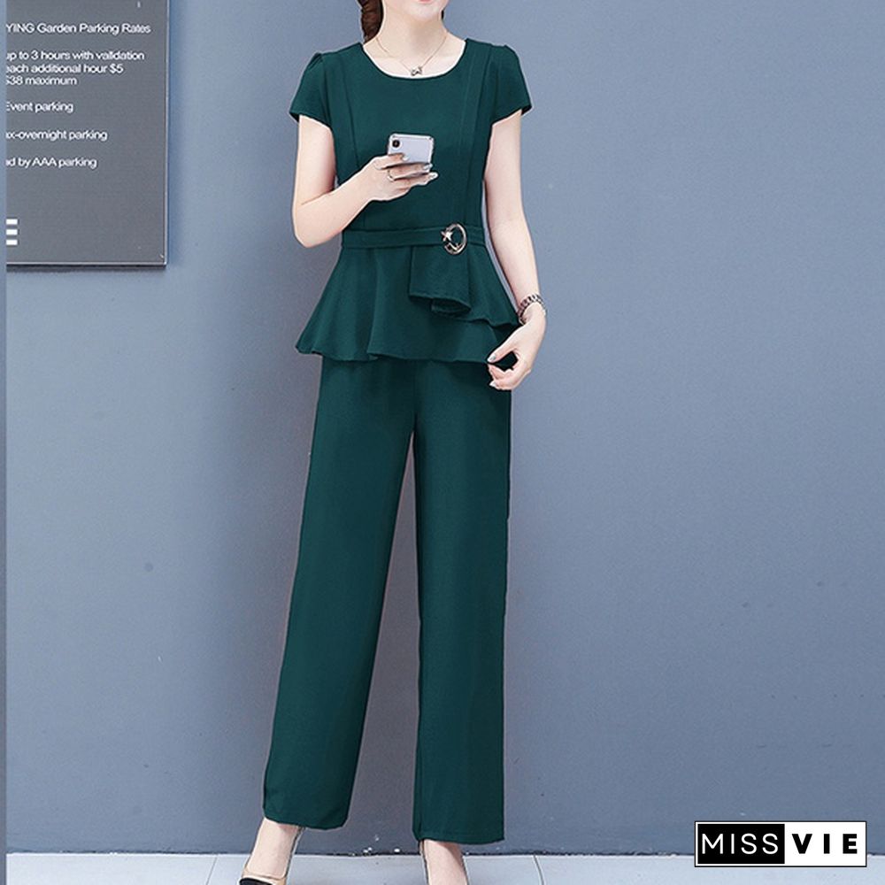 Summer 2 Two Piece Sets Outfits Women Plus Size Short Sleeve Tunics Tops And Pants Suits Office Elegant Korean Sets