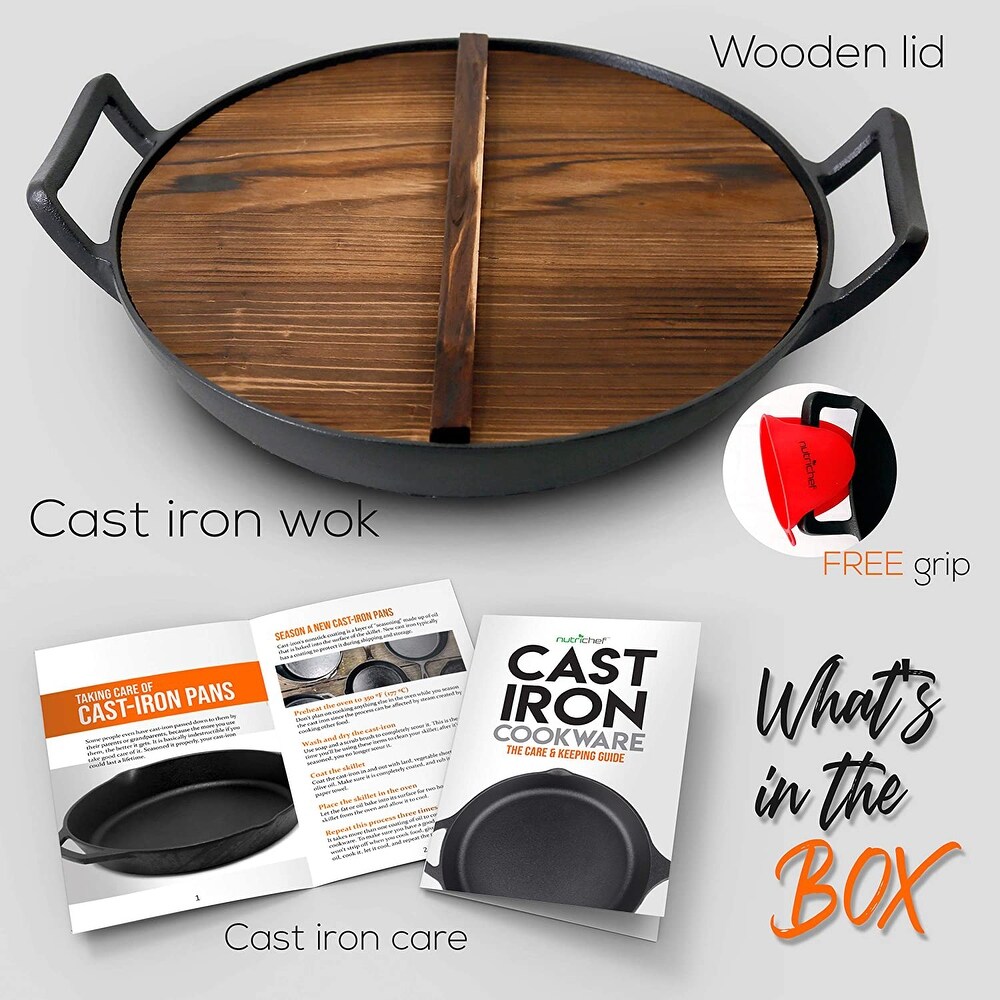 NutriChef Pre Seasoned Cooking Wok Cast Iron Stir Fry Pan with Wooden Lid  Black