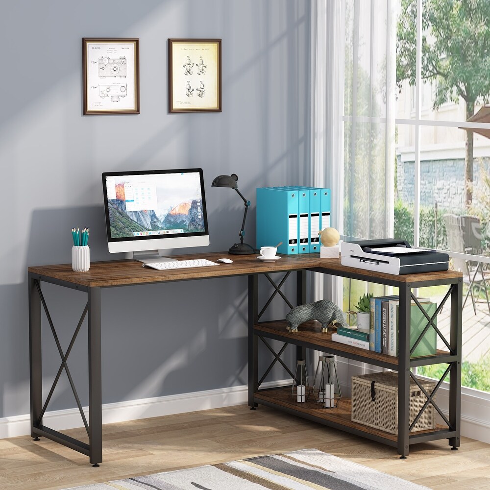 Industrial L Shaped Desk with Storage Shelves  Corner Computer Desk PC Laptop Study Table Workstation