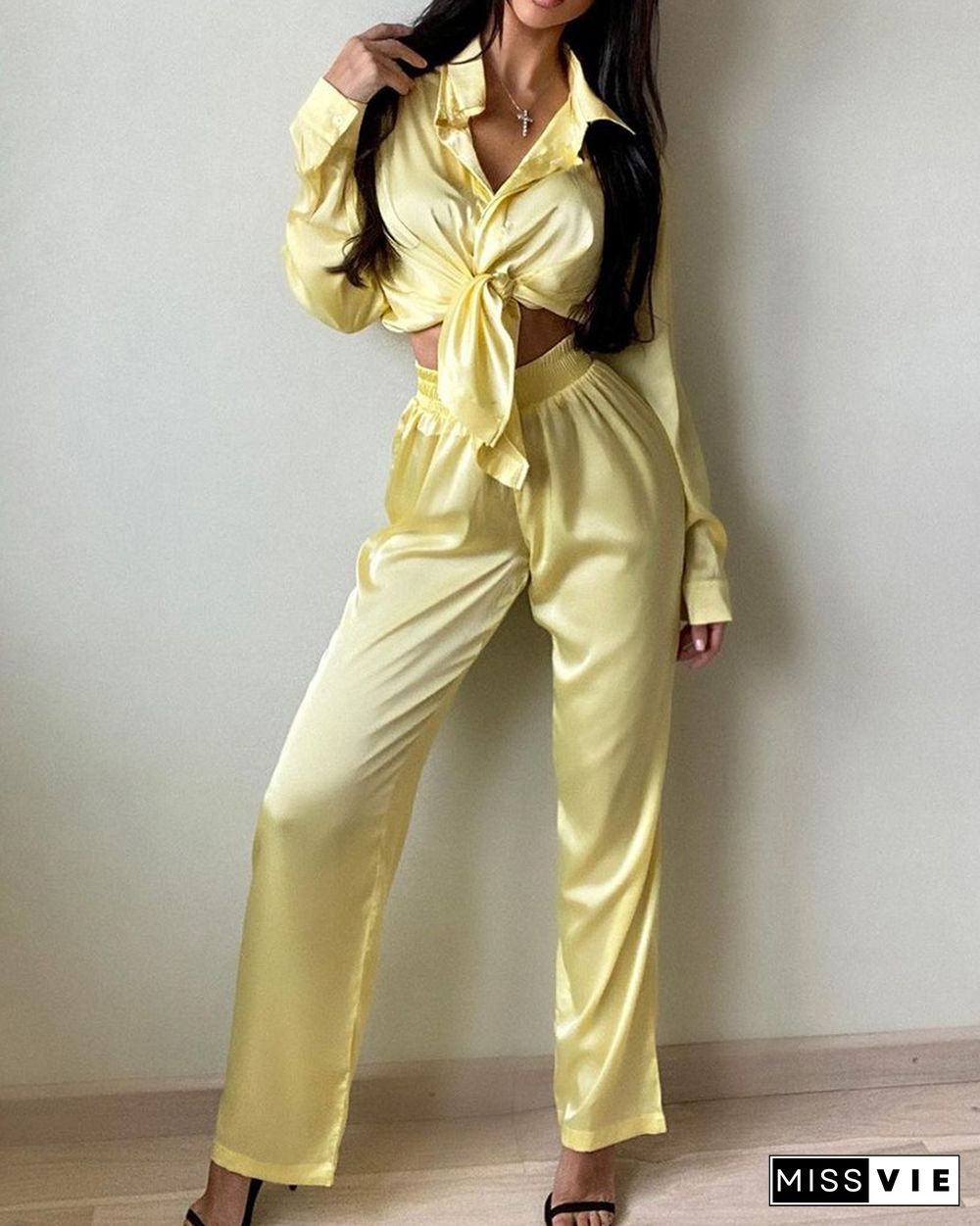 Satin Long Sleeve Shirt & High Waist Pants Set