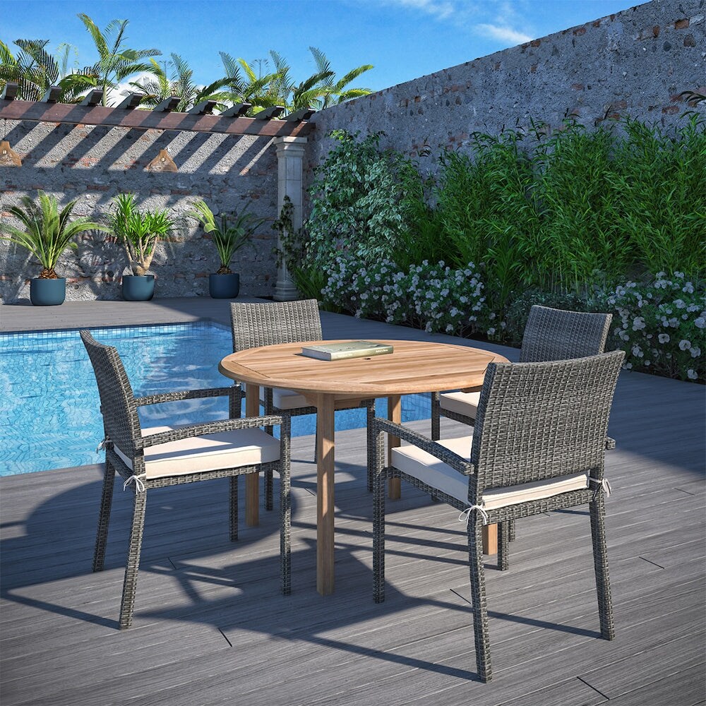 Barry 5 Piece Outdoor Dining Set Teak Wicker Round Patio Furniture with Off White Cushions
