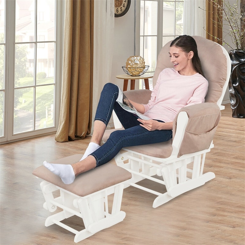 Wood Baby Glider Rocking Chair Nursery Chair with Gliding Ottoman & Storage Pocket