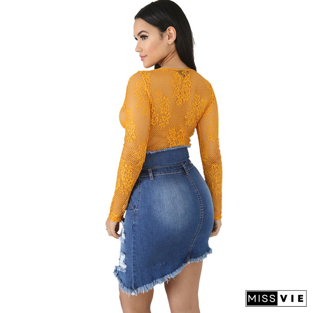 Summer New Women's Pocket Hole Tassel Stretch Fit Irregular Frayed Hem Denim Jean Lady Skirt