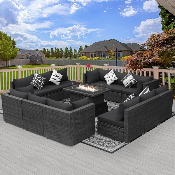 Nicesoul Outdoor Grey Wicker Sectional Furniture Patio Sofa Set with Firepit Table