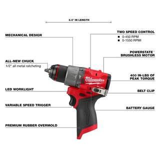 MW M12 FUEL 12V Lithium-Ion Brushless Cordless 12 in. Hammer Drill w High Output 2.5Ah Battery 3404-20-48-11-2425