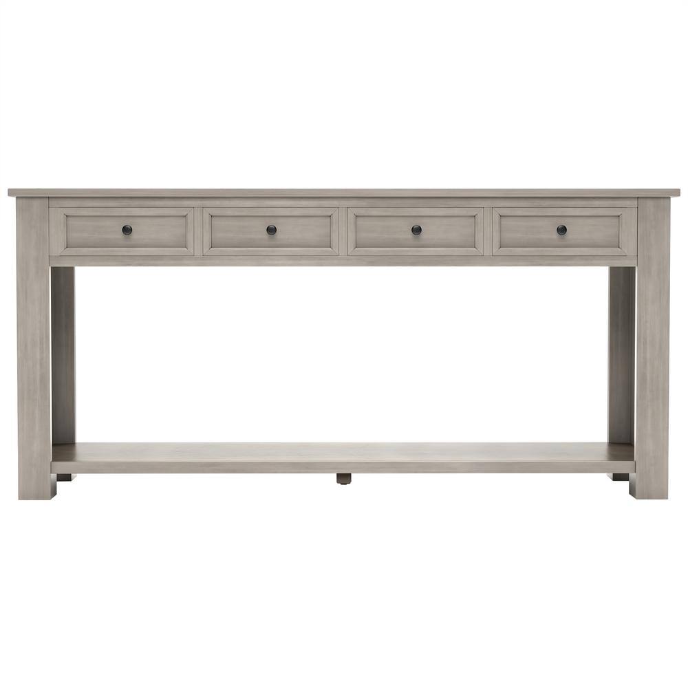 ANBAZAR 63 in. Gray Wash Rustic Wood Rectangle Console Table for Entryway Hallway Sofa Table with 4-Drawers and 1-Bottom Shelf 01516ANNA-E