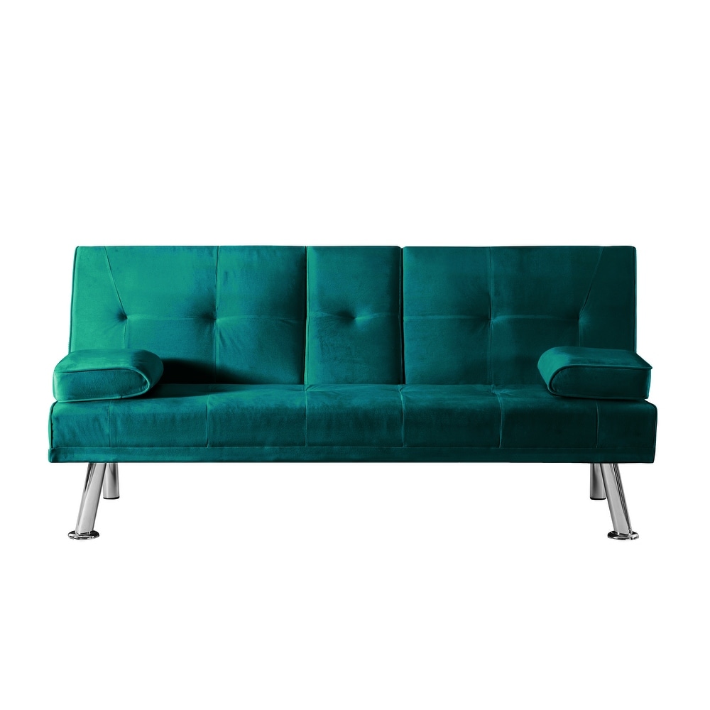 Velvet Upholstered Loveseat Bed Modern Convertible Futon Sofa Bed Folding Backrest Sleeper Sofa w/ Console   Cup Holders  Green