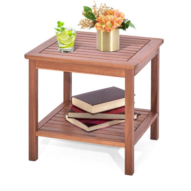 Costway Patio Acacia Wood Side Table 2 tier Square End Table Porch Poolside Natural