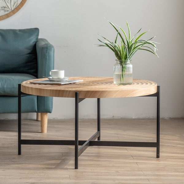 Modern Thread Design Round Coffee Table with Concentric Circular Pattern， MDF Table Top with Cross Legs Metal Base