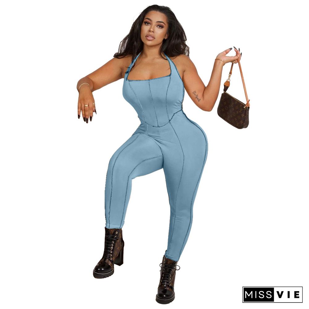 Summer New Casual Women's Stitching Design Halter Backless Sports Fitness Bodycon Jumpsuits