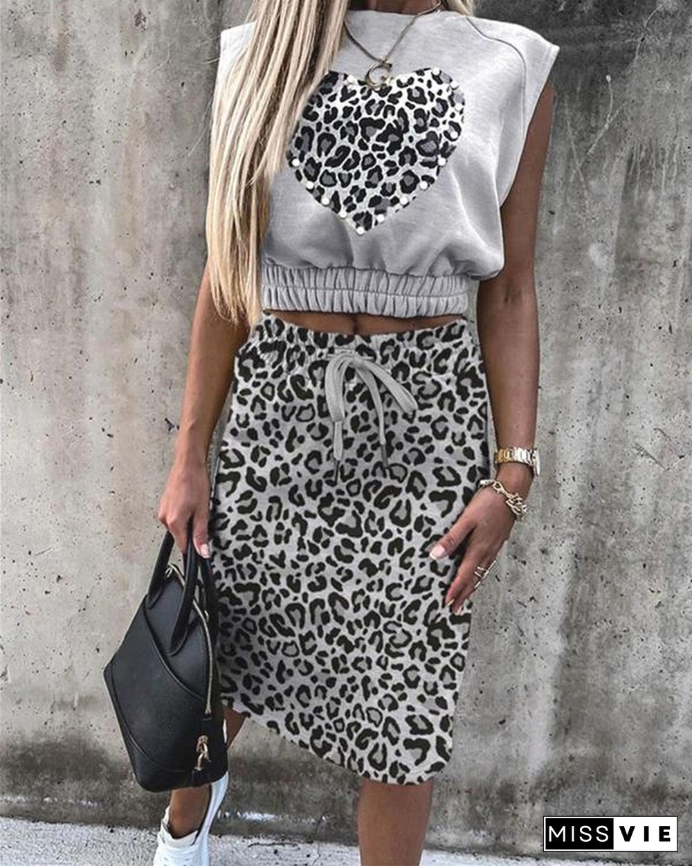 Leopard Print Sleeveless Top & Skirt Set