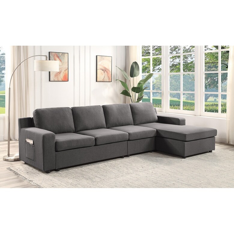 Waylon Gray Linen 4 Seater Sectional Sofa Chaise with Pocket