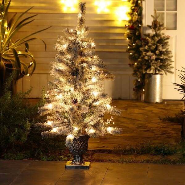 4Ft PreLit LED Artificial Flocked Pine Christmas Tree Potted (Set of 2)