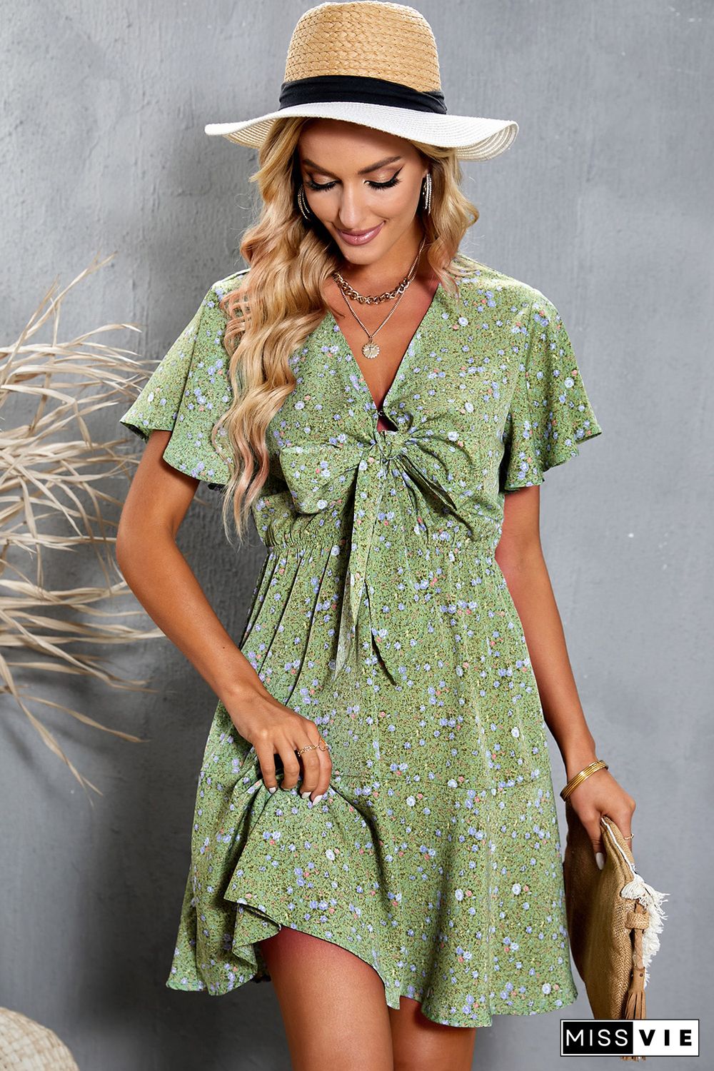 Geen Floral Print Tie Knot Ruffled Short Sleeve Mini Dress