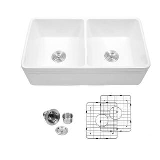 PROOX White Fireclay 33 in. 5050 Double Bowl Farmhouse Apron Front Kitchen Sink with Grids and Strainers PR-3318A