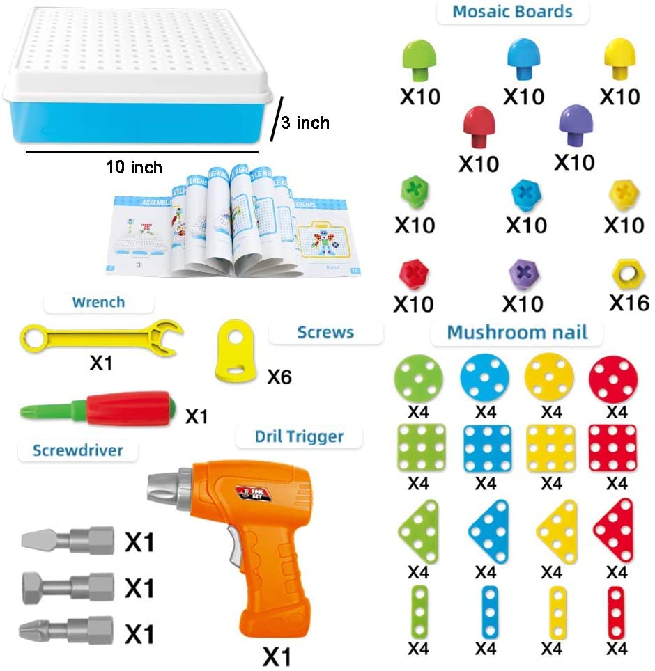 Ambrose 224 Piece Electric Drill Puzzle DIY Button Art Mosaic Pegboard Take Apart Toy with Screwdriver Tool - STEM Construction Building Blocks Games Fine Motor Skill Learning Toys for Kids Boys Girls