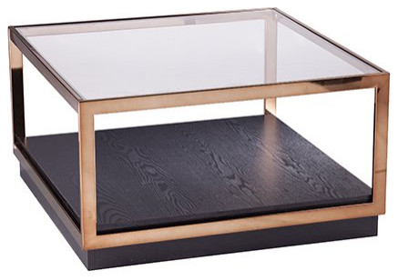 Transitional Coffee Table  Square Boxy Frame With Gold Finish  Clear Glass Top   Contemporary   Coffee Tables   by Declusia  Houzz