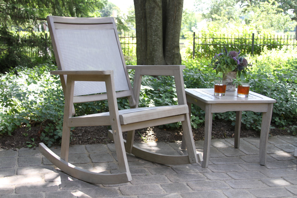 3 Piece Gray Wash Eucalyptus and Sling Rocking Chair Set With Accent Table   Farmhouse   Outdoor Lounge Sets   by Outdoor Interiors  Houzz