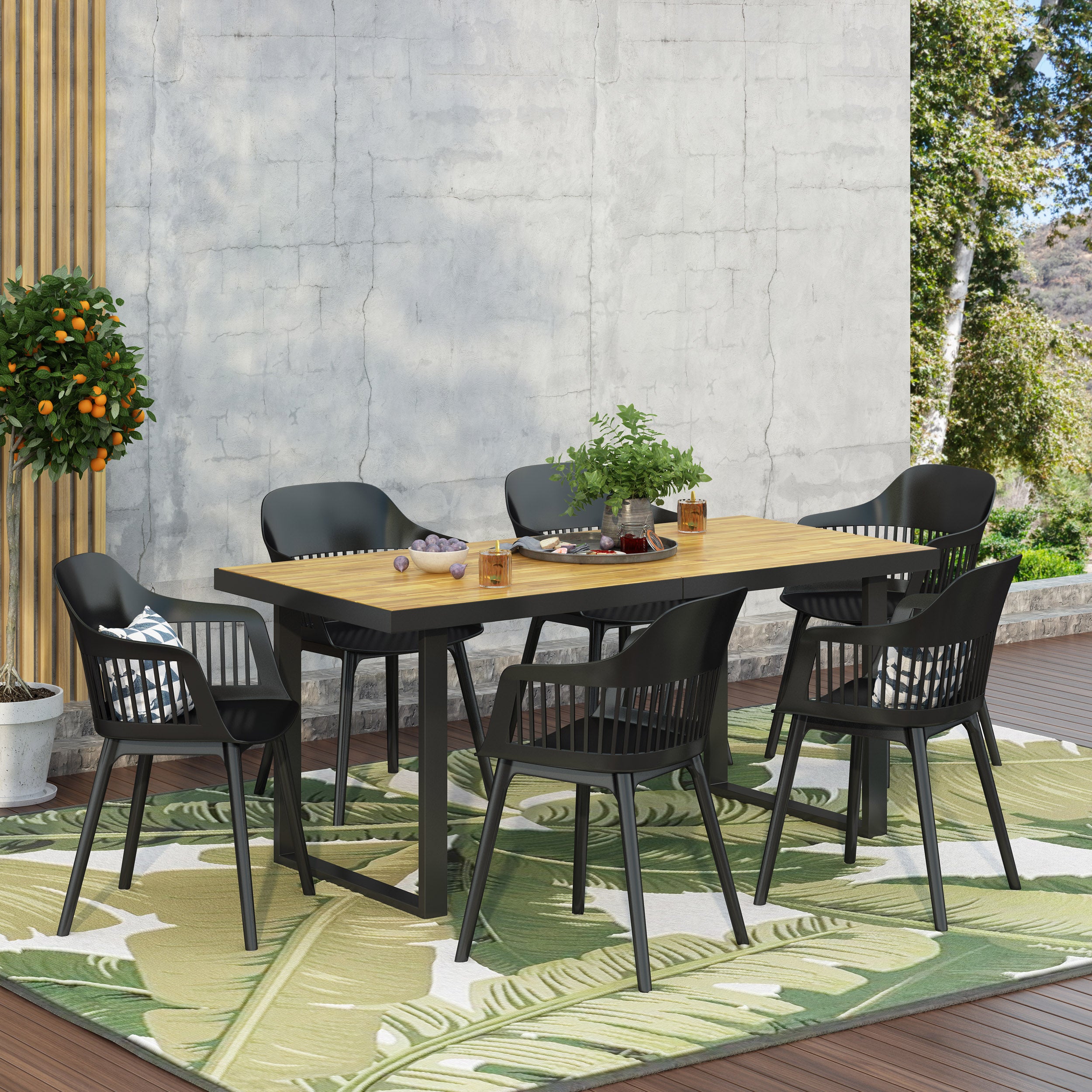 Flora Outdoor Wood and Resin 7 Piece Dining Set, Black and Teak