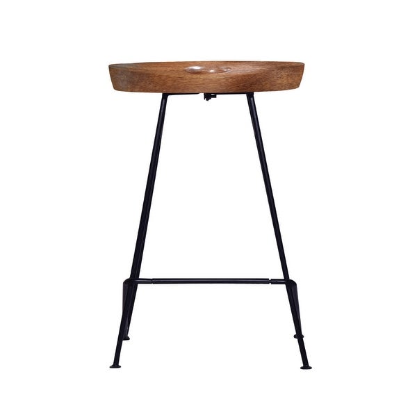 26 Inch Industrial Counter Height Stool， Contoured Mango Wood Seat， Iron， Cafe Brown， Black - Multi