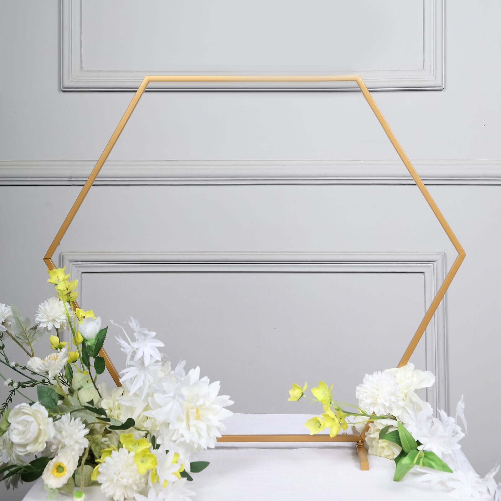 Gold Metal Hexagon Table Wedding Arch Centerpiece Stand, Geometric Self Standing Flower Balloon Frame 24