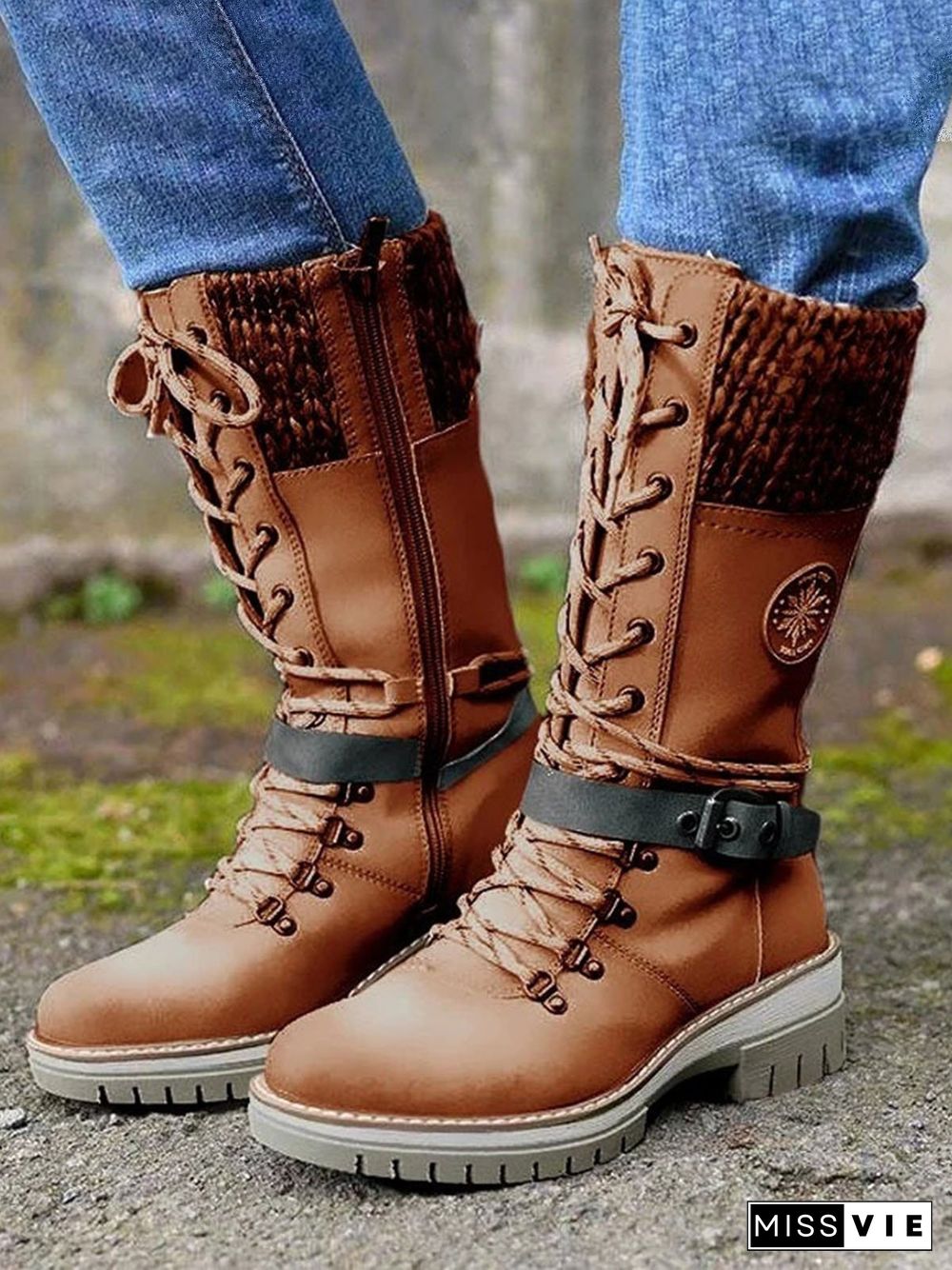 Retro Casual Stitching Zipper Lace-up Combat Boots