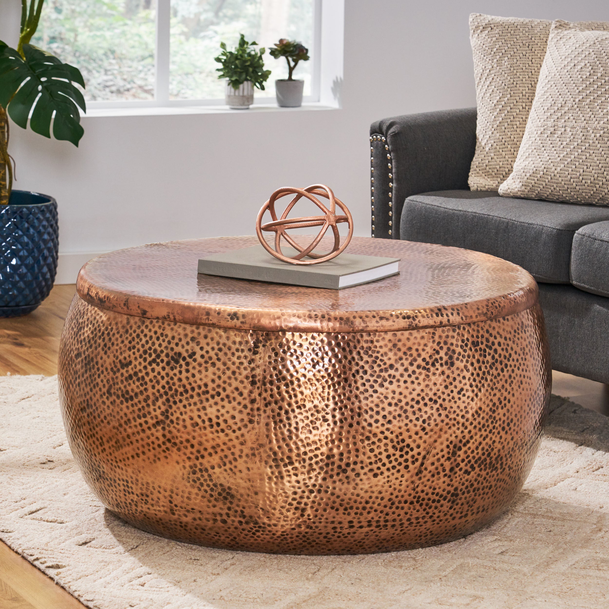 Jessika Modern Round Hammered Aluminum Storage Coffee Table