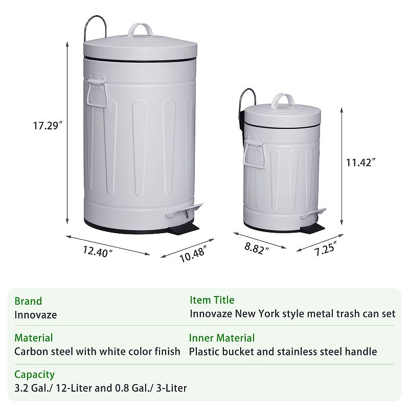 3.2 Gal./12-Liter and 0.8 Gal./3 Liter Old Time Style Round  White  Metal Step-on Trash Can Set