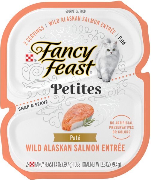 Purina Fancy Feast Gourmet Pate Wet Cat Food， Petites Wild Alaskan Salmon Entree， 2.8-oz tub， case of 12， 12 count